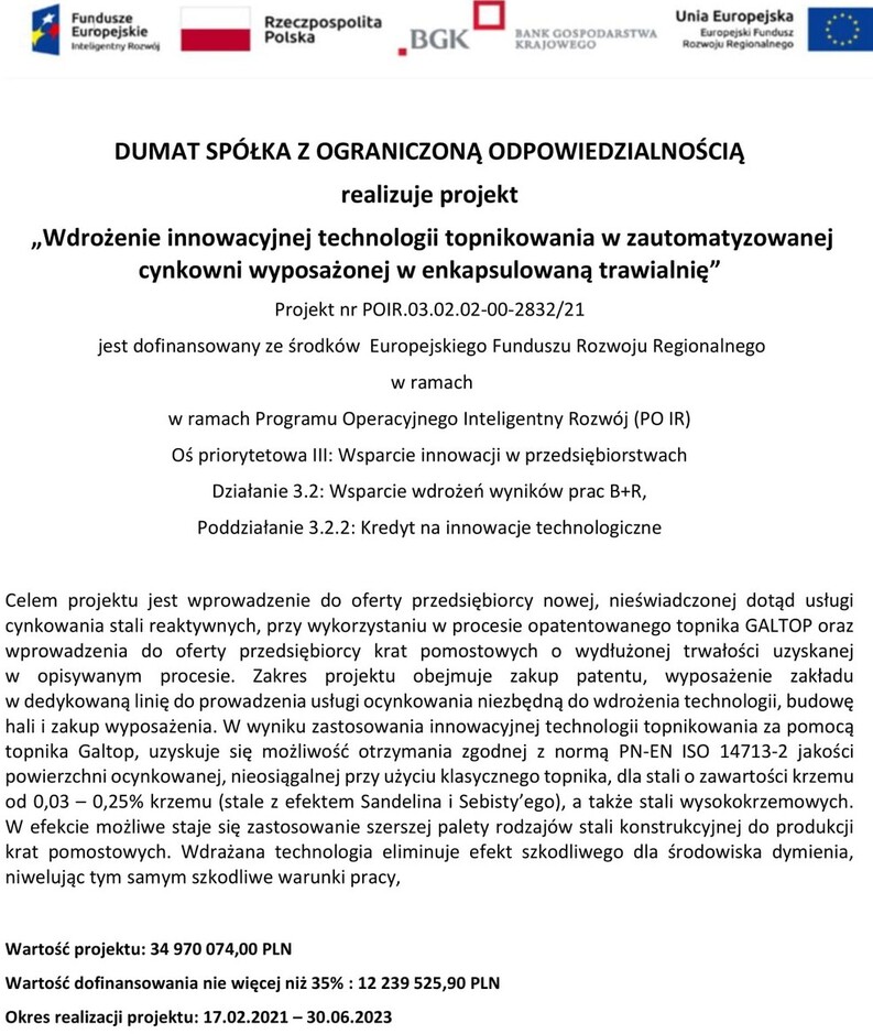 Opis projektu wdrożenia innowacyjnej technlogii topnikowania w zautomatyzowanej ocynkowni wyposażonej w enkapsulowaną trawialnię