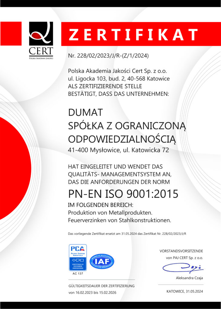 Cetyfikat PN-EN ISO 9001:2015 DE